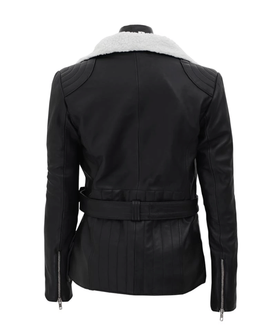 Verona Black Faux Fur Leather Jacket with Asymmetrical White Sherpa
