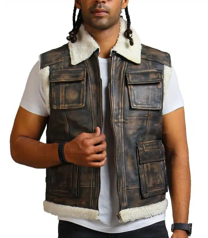 Designer Men Faux Fur Distressed Black Leather Jacket