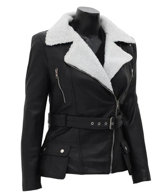 Verona Black Faux Fur Leather Jacket with Asymmetrical White Sherpa