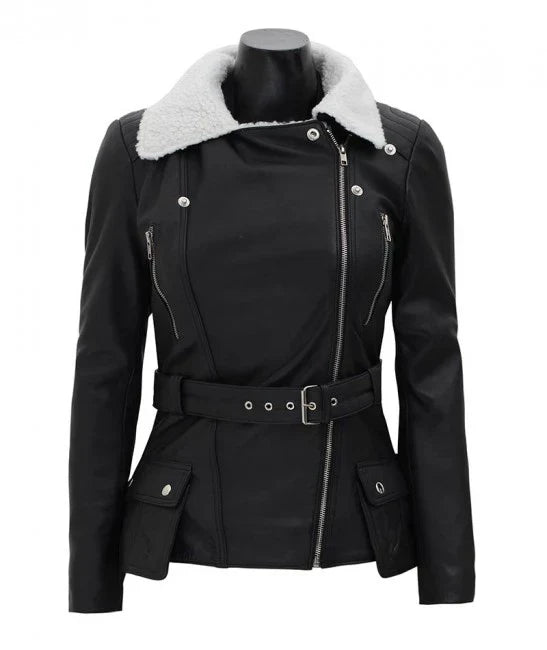 Verona Black Faux Fur Leather Jacket with Asymmetrical White Sherpa