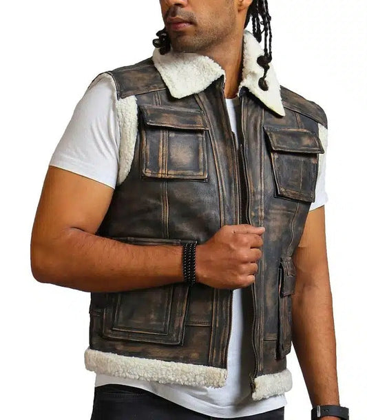 Designer Men Faux Fur Distressed Black Leather Jacket