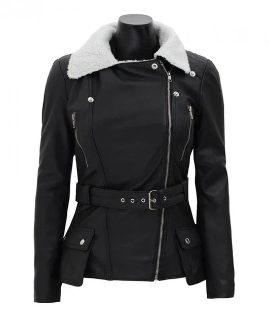 Verona Black Faux Fur Leather Jacket with Asymmetrical White Sherpa